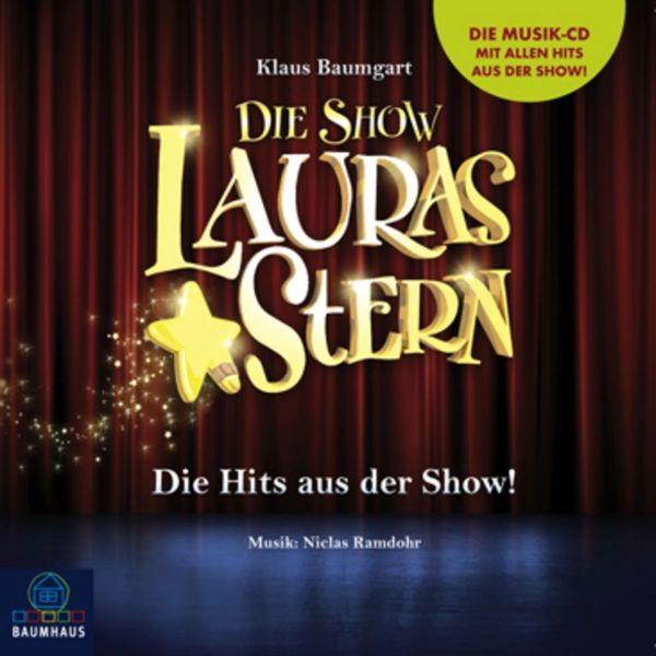 CD-Cover für 'Die Show! Lauras Stern' mit goldenem Stern und rotem Vorhanghintergrund.