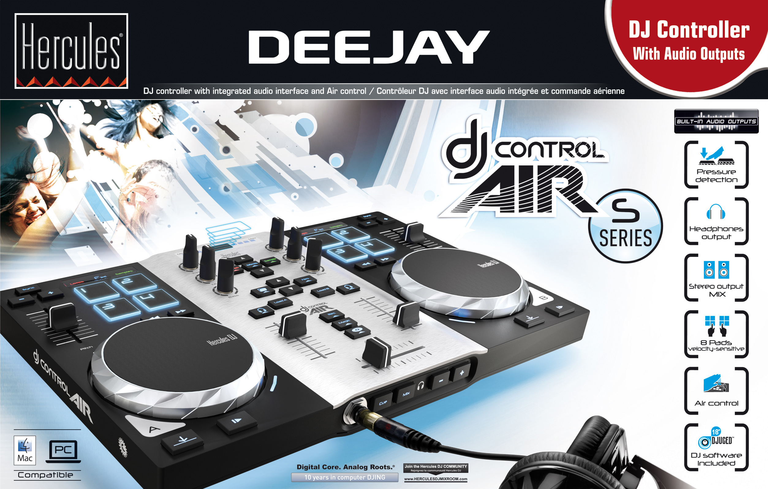 HERCULES DJ Control Air S Series (Air Control, 8 Pads, integr. Soundkarte, DJUCED 18°, PC / Mac) 2-Deck DJ Controller, Schwarz/Silber