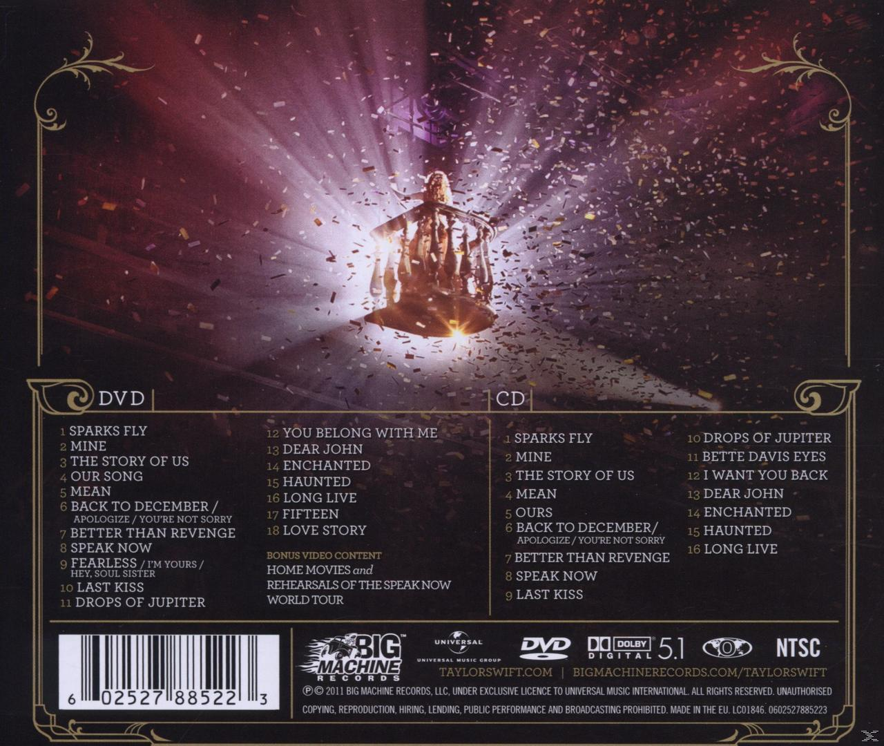 Taylor Swift Speak Now DVD-Rückseite. Listet die Songs, Bonusinhalte und die Credits auf.