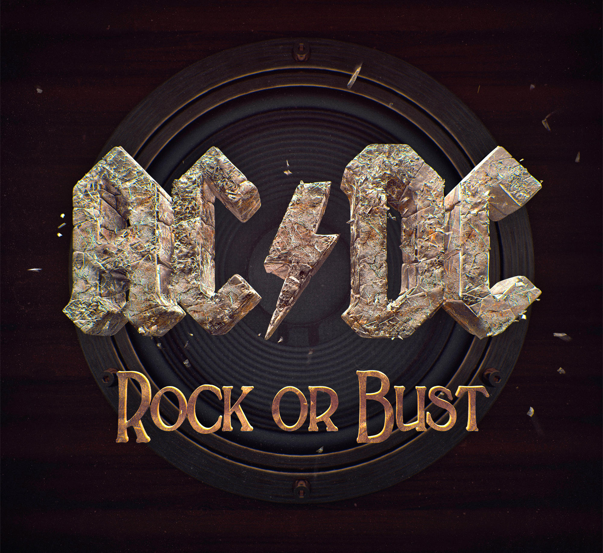 AC/DC Rock or Bust albumhoes. Het logo van de band in steen en een luidspreker op een houten achtergrond.