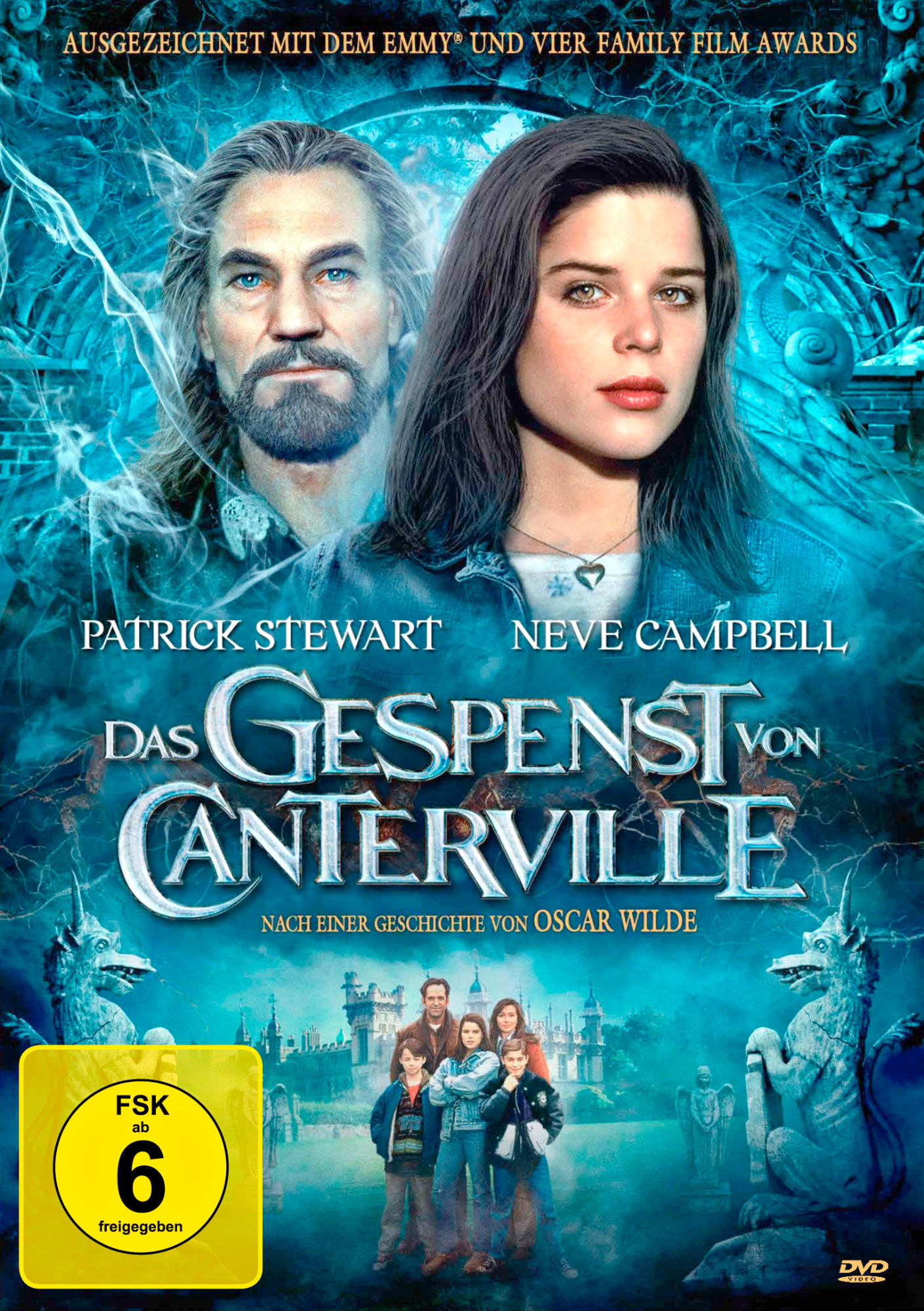 Filmposter mit Patrick Stewart und Neve Campbell. Titel: Das Gespenst von Canterville.
