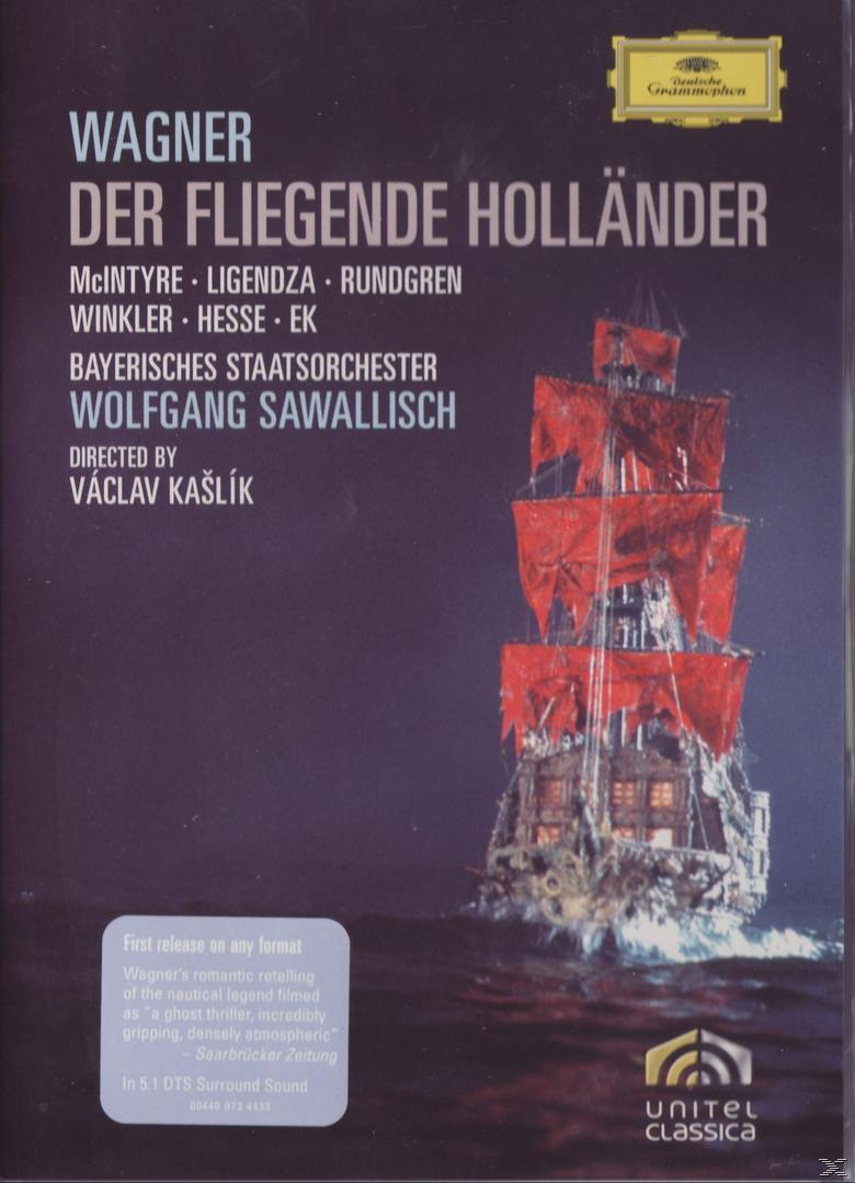 A 'Der Fliegende Holländer' DVD borítója. Egy hajó piros vitorlákkal a tengeren. Szöveg németül.