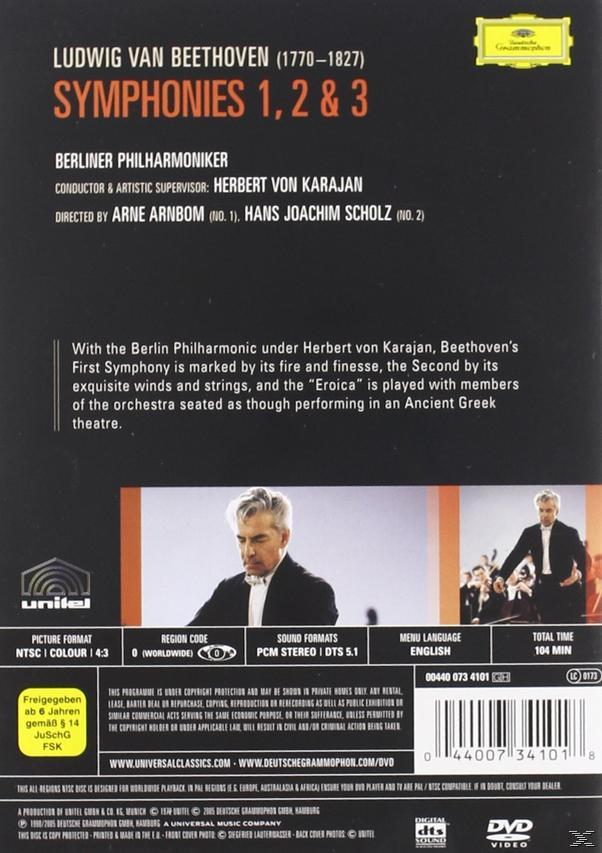 DVD-Hülle von Beethovens Symphonien 1, 2 & 3. Ein Mann im Anzug ist vorne, mit Dirigent und Orchester hinten.