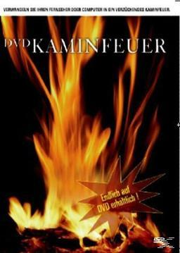 DVD-Cover mit Flammen, Stern und Text "DVD Kaminfeuer", "Endlich auf DVD erhältlich".