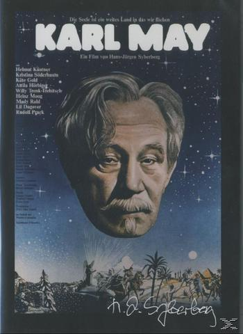 Poster für "Karl May" mit einer Illustration eines Männerkopfes, einem Sternenhimmel und einer Wüstenszene.