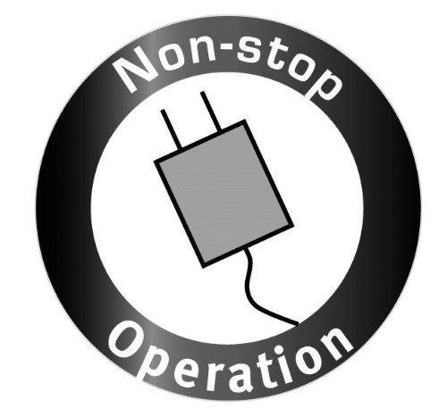 Schwarzer Kreis mit einem Steckersymbol und den Worten 'Non-stop Operation'.