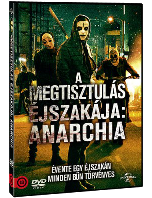 DVD borító. Maszkos alakok állnak és motoroznak. Cím magyarul: A megtisztulás éjszakája: Anarchia. Éjszakai jelenet, városi fényekkel.
