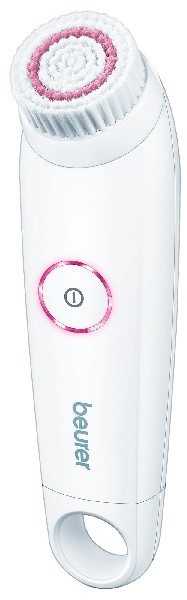 Biała elektryczna szczoteczka do twarzy z różowym włosiem, różowy przycisk zasilania.