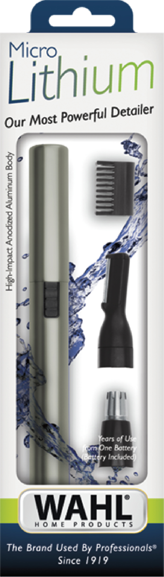 Produktverpackung für einen Trimmer. Weißer Hintergrund, Trimmer und Zubehör sind sichtbar.