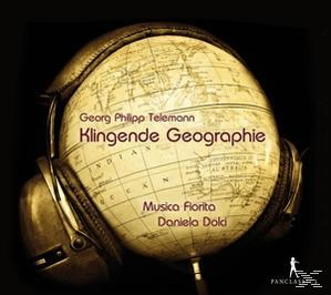 Globus mit Kopfhörern auf schwarzem Hintergrund, Titel: Klingende Geographie.