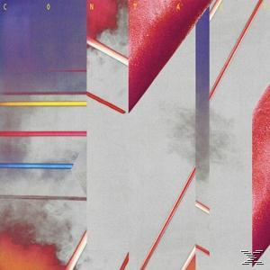 Abstrakte Kunst mit Linien und geometrischen Formen in Rot, Blau, Gelb und Grau, mit Raucheffekt.