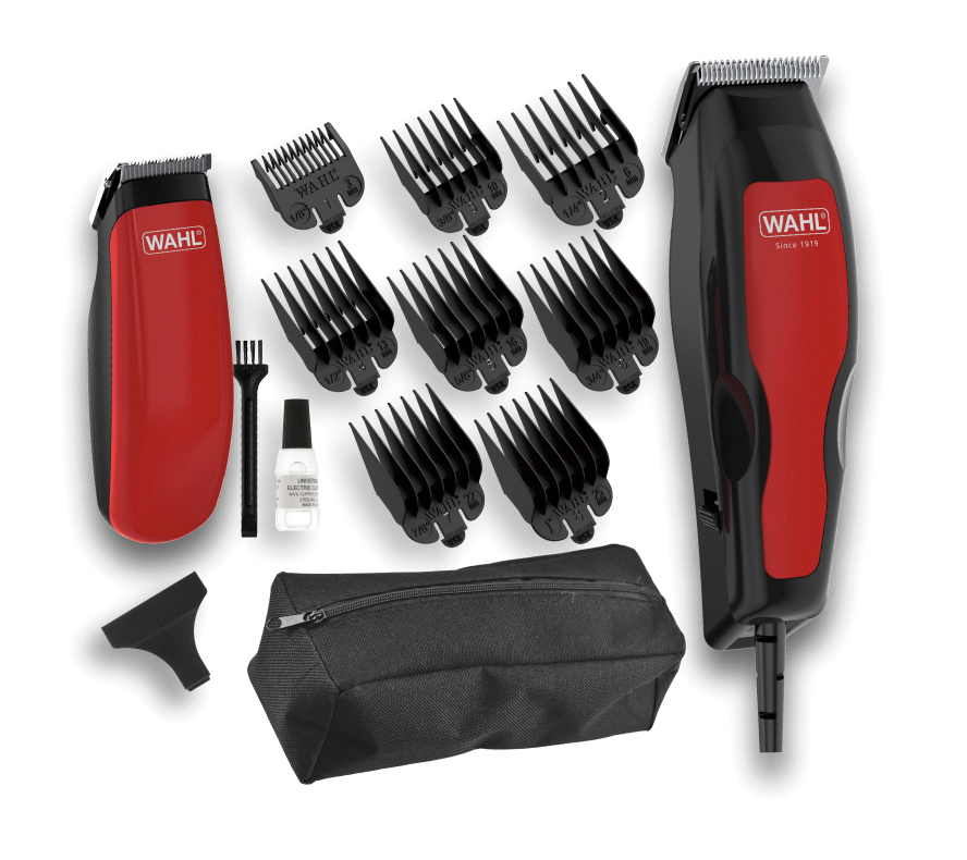 Ein Set von Wahl-Haarschneidern und Zubehör auf einer weißen Oberfläche. Enthält Haarschneider, Aufsätze und eine Tasche.