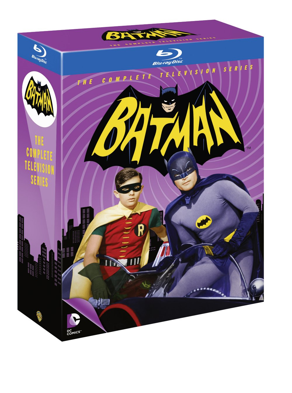 Batman Blu-ray Box-Set. Zeigt Batman und Robin. Lila Hintergrund.