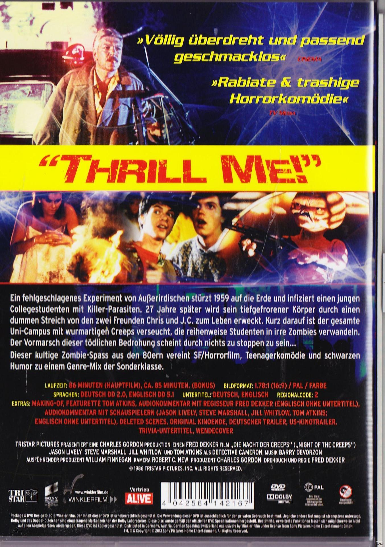 DVD-Cover für "Thrill Me!". Eine Collage von Bildern aus dem Film, mit einem Mann im Laborkittel.