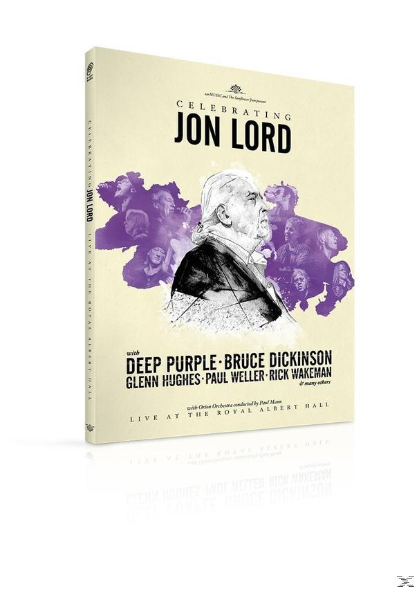 DVD-Cover: Jon Lord mit Deep Purple, Bruce Dickinson und anderen. Der Titel lautet 'Celebrating Jon Lord'.