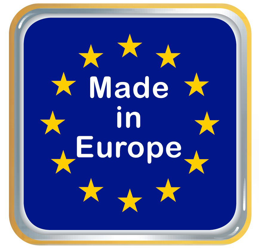 Ein blaues Quadrat mit gelbem Rand mit den Worten Made in Europe und gelben Sternen darum.