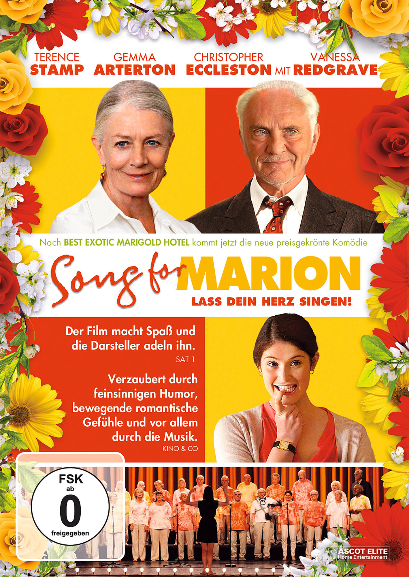 Filmposter. Es zeigt zwei ältere Menschen und eine jüngere Frau, mit einem Chor im Hintergrund.