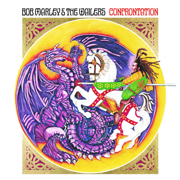 Albumcover von Bob Marley auf einem Pferd, das einen lila Drachen bekämpft. Goldener Rand mit Text.