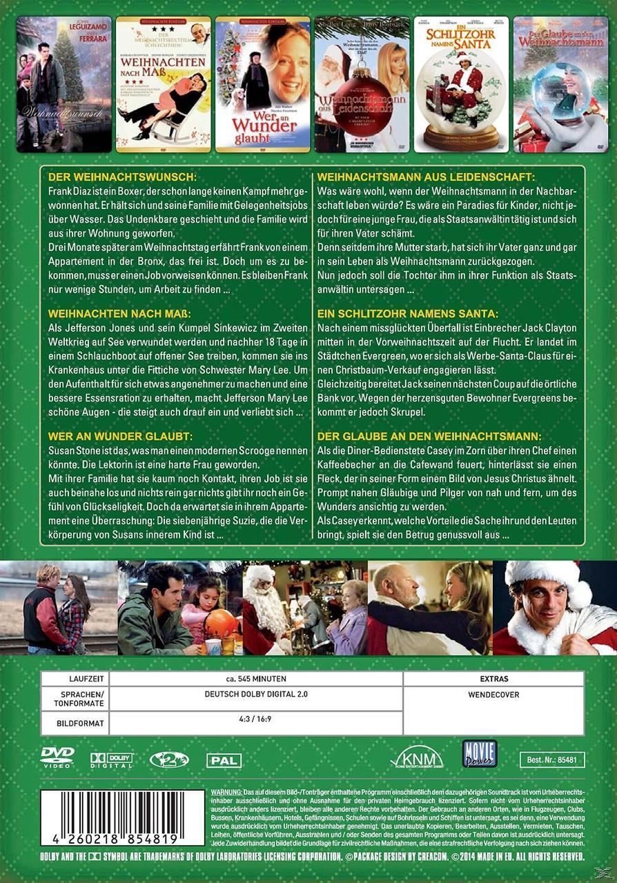Rückseite einer DVD-Hülle mit Filmtiteln. Mehrere Filme zum Thema Weihnachten sind aufgeführt. Der Text ist auf Deutsch.