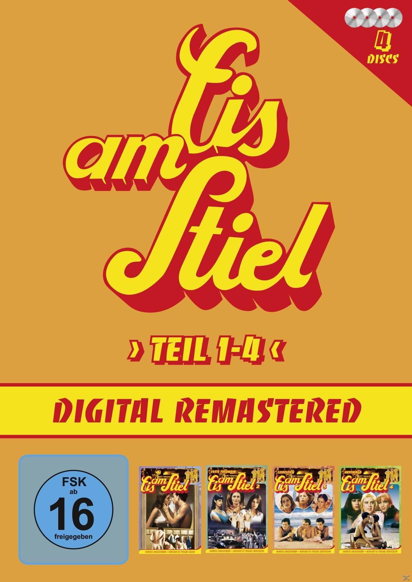 DVD-Cover für Eis am Stiel. Ein großer Titel und vier verschiedene Cover der Filme.