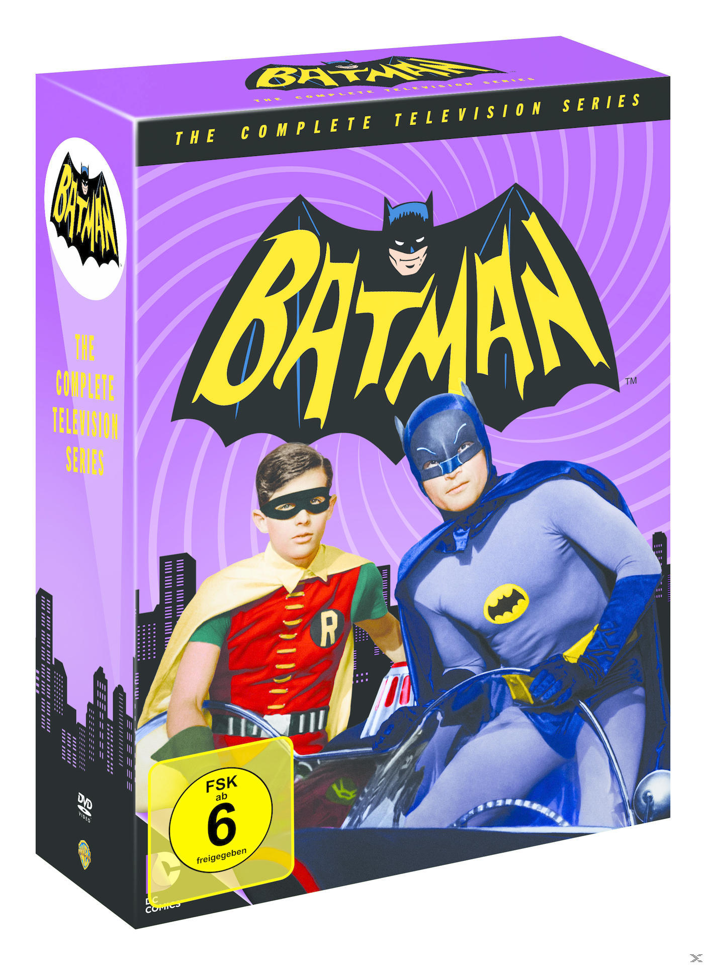 Batman TV-Serien-DVD-Box-Set. Batman und Robin im Batmobil auf dem Cover. Lila Hintergrund.