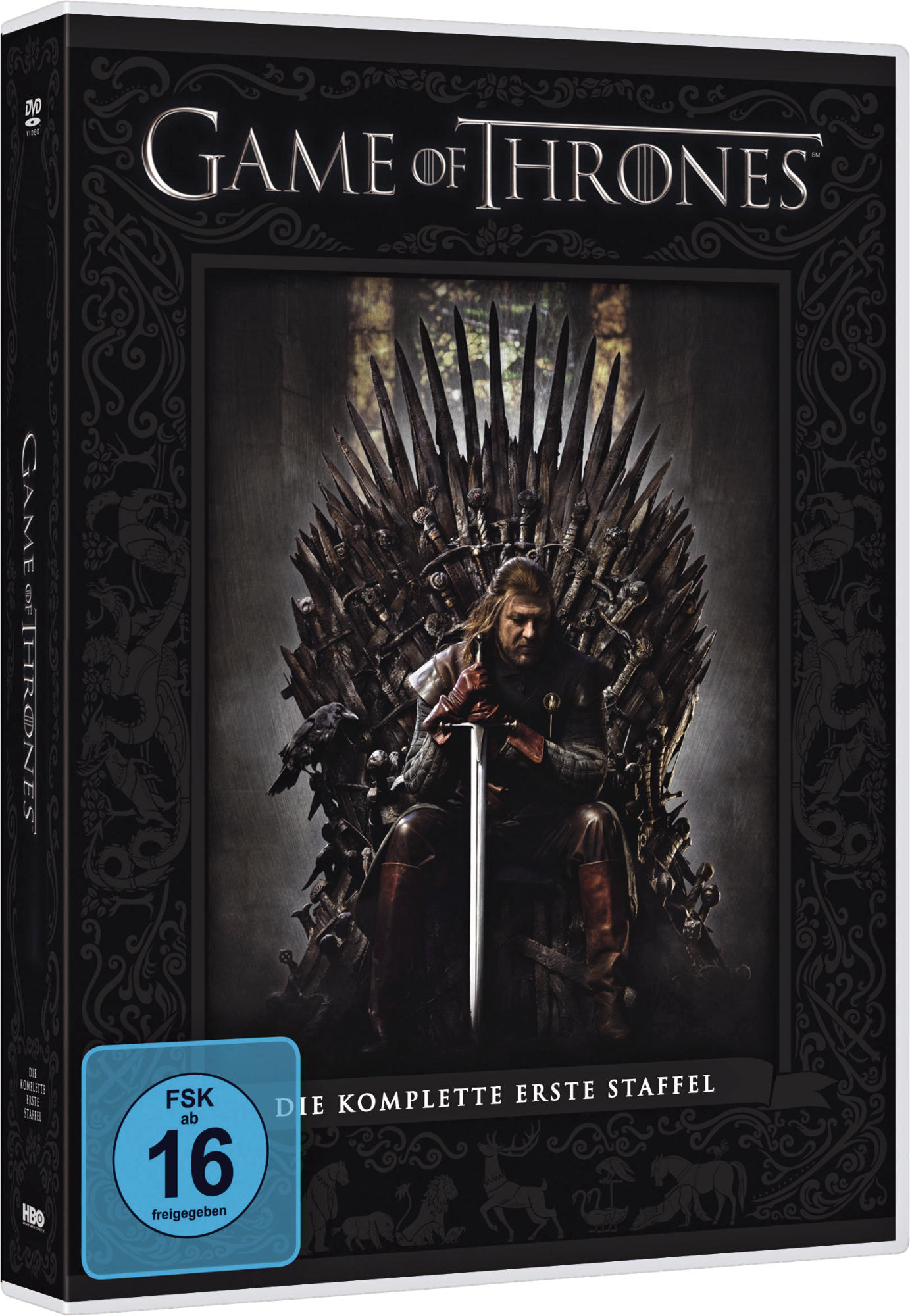 DVD-Hülle für Game of Thrones. Mann auf dem Eisernen Thron. Schwarze und dunkelgraue Farben.