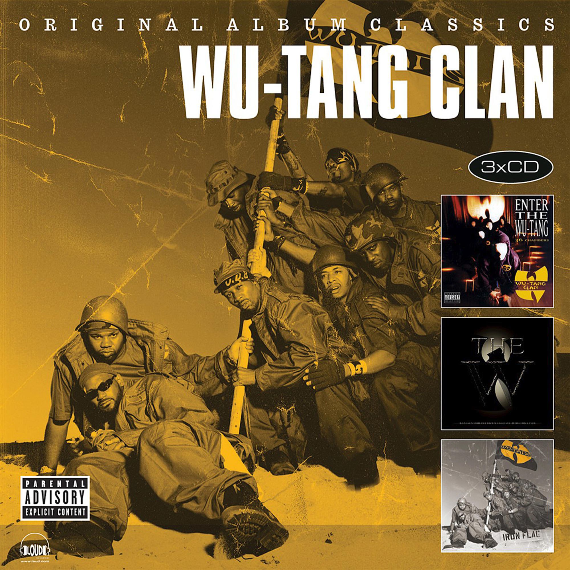 A Wu-Tang Clan album borítója, katonai ruhás férfiak csoportja. Három album borítója látható a jobb oldalon.