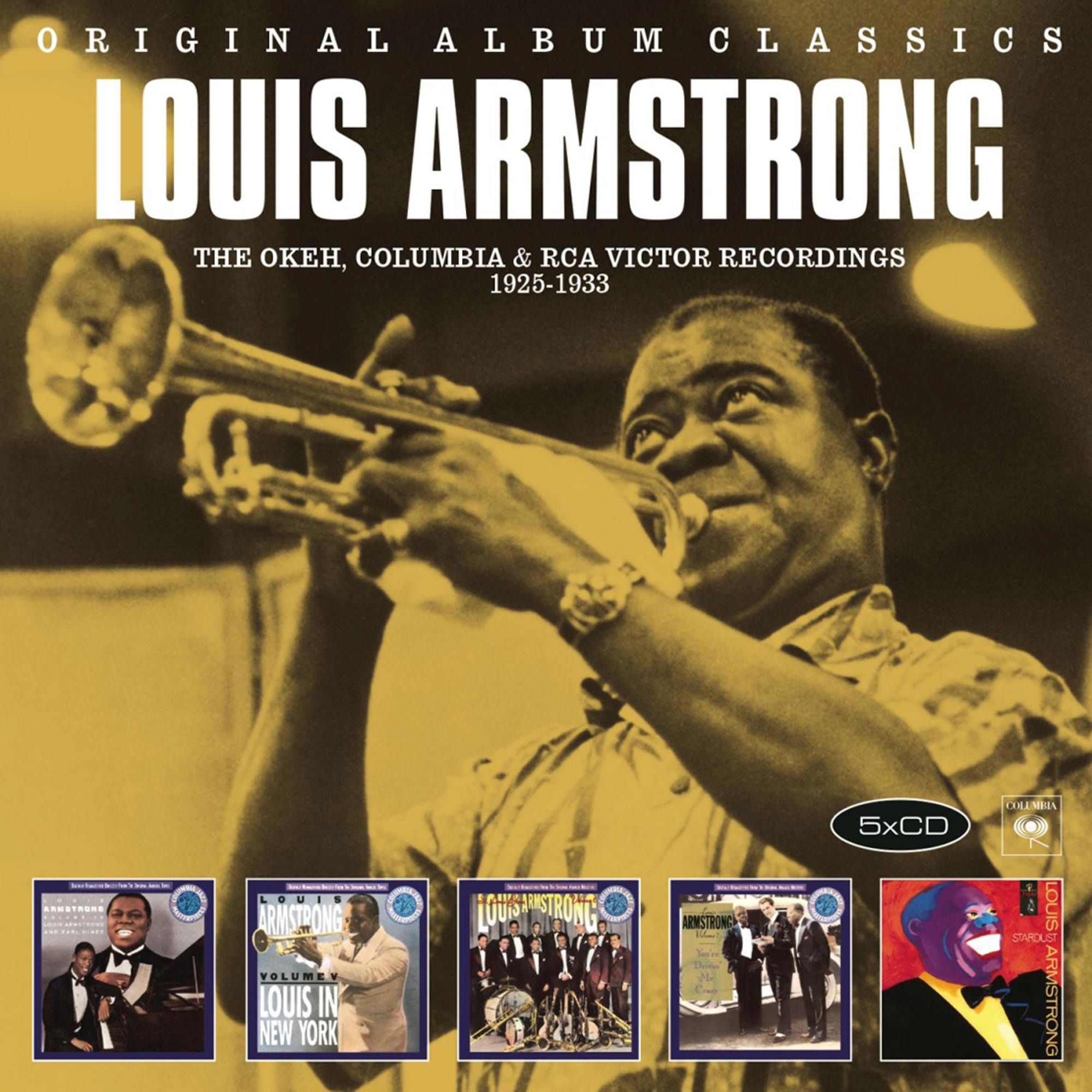 Albumcover, Louis Armstrong spielt Trompete, darunter mehrere Albumcover.