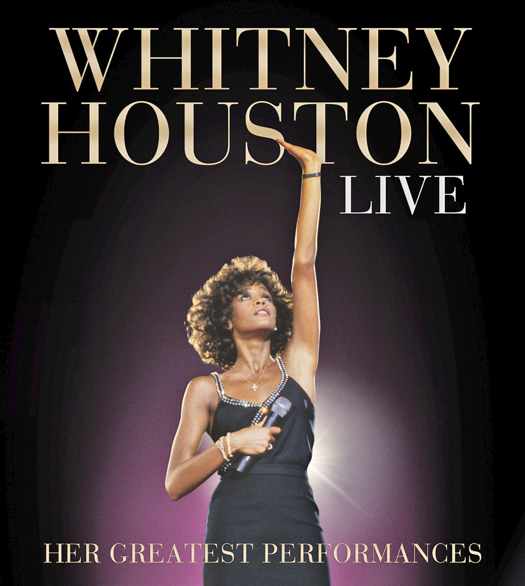 Albumcover mit Whitney Houston, die singt, in einem schwarzen Kleid, mit einem Mikrofon.
