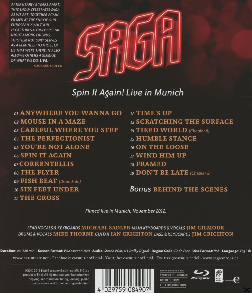 Saga Albumcover, 'Spin It Again! Live in Munich'. Rückseite der DVD. Titelliste und Credits.