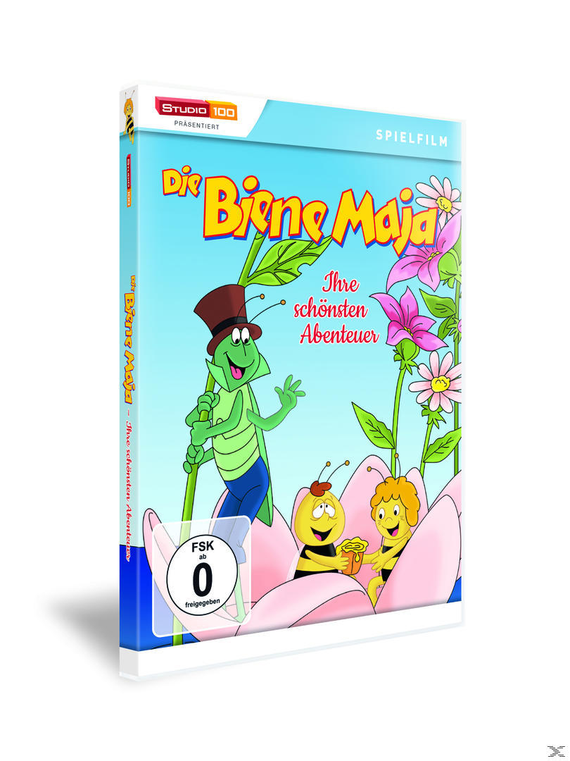 DVD-Cover von Die Biene Maja. Cartoon-Heuschrecke und Bienen auf einer Blume. Text: Ihre schönsten Abenteuer.