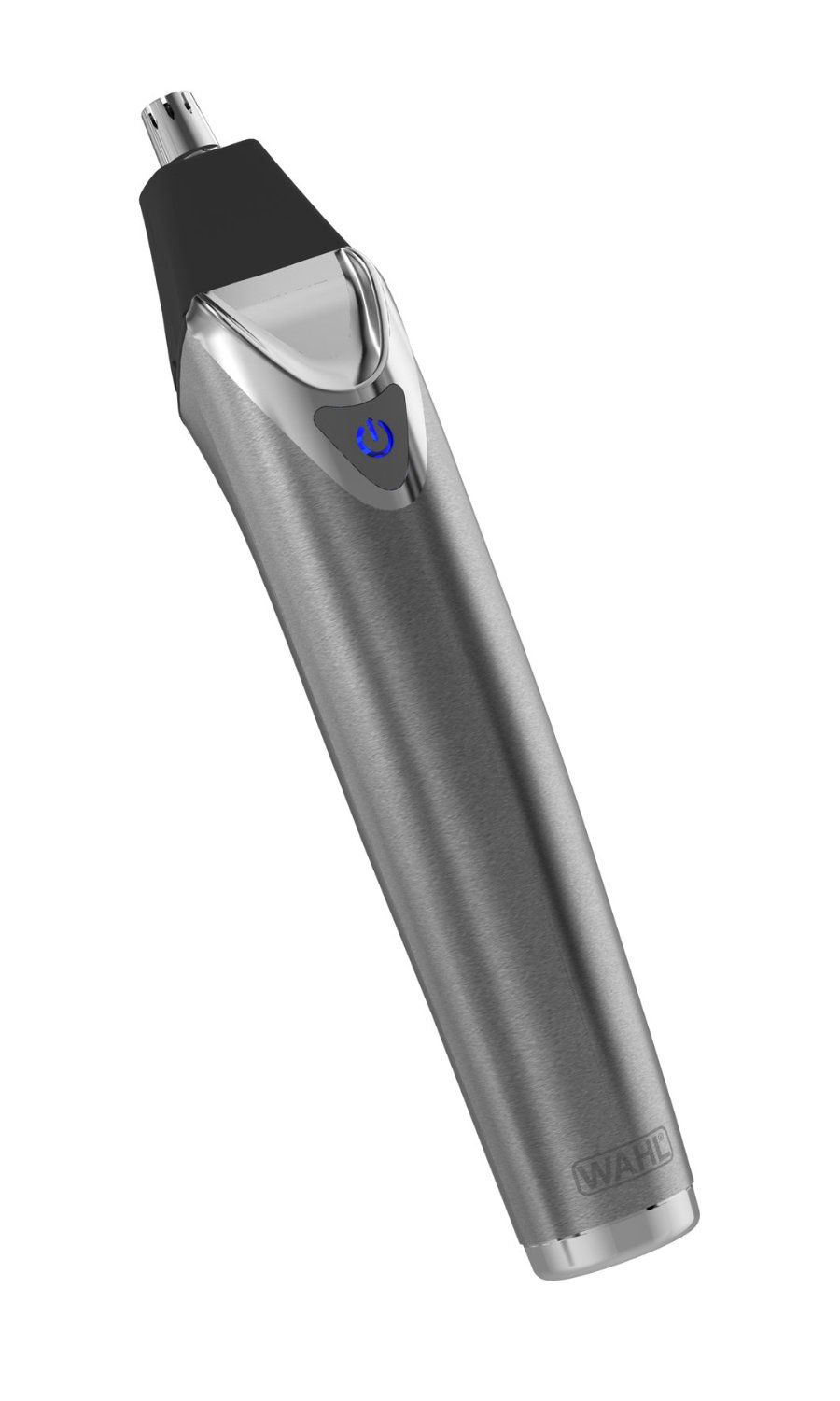 Silberner Wahl Nasenhaartrimmer. Er hat eine schwarze Spitze und einen silbernen Körper mit blauem Einschaltknopf.