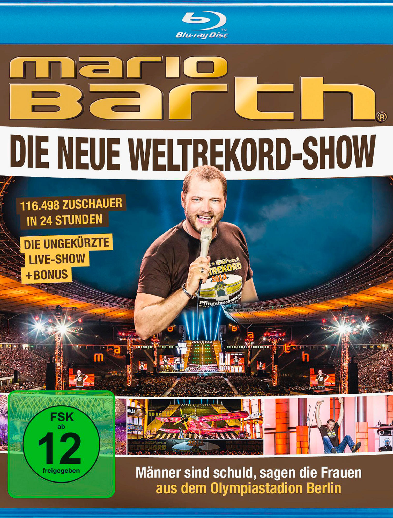 DVD-Cover mit einem Mann, der ein Mikrofon hält, mit Stadionlichtern und Text auf Deutsch.