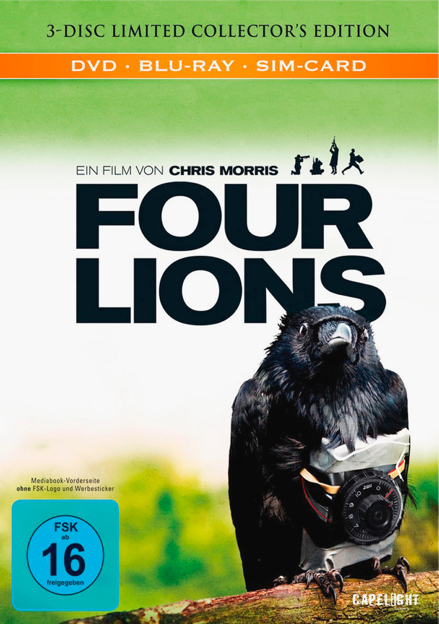 DVD-Cover: Schwarze Krähe mit Bombe, der Film 'Four Lions'.