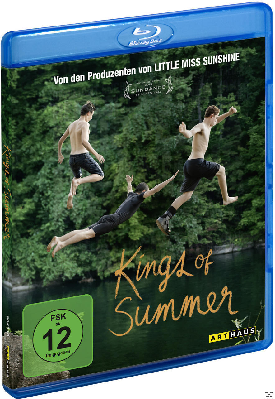 Blu-ray-Cover mit drei jungen Männern, die ins Wasser springen, mit dem Titel 'Kings of Summer'.