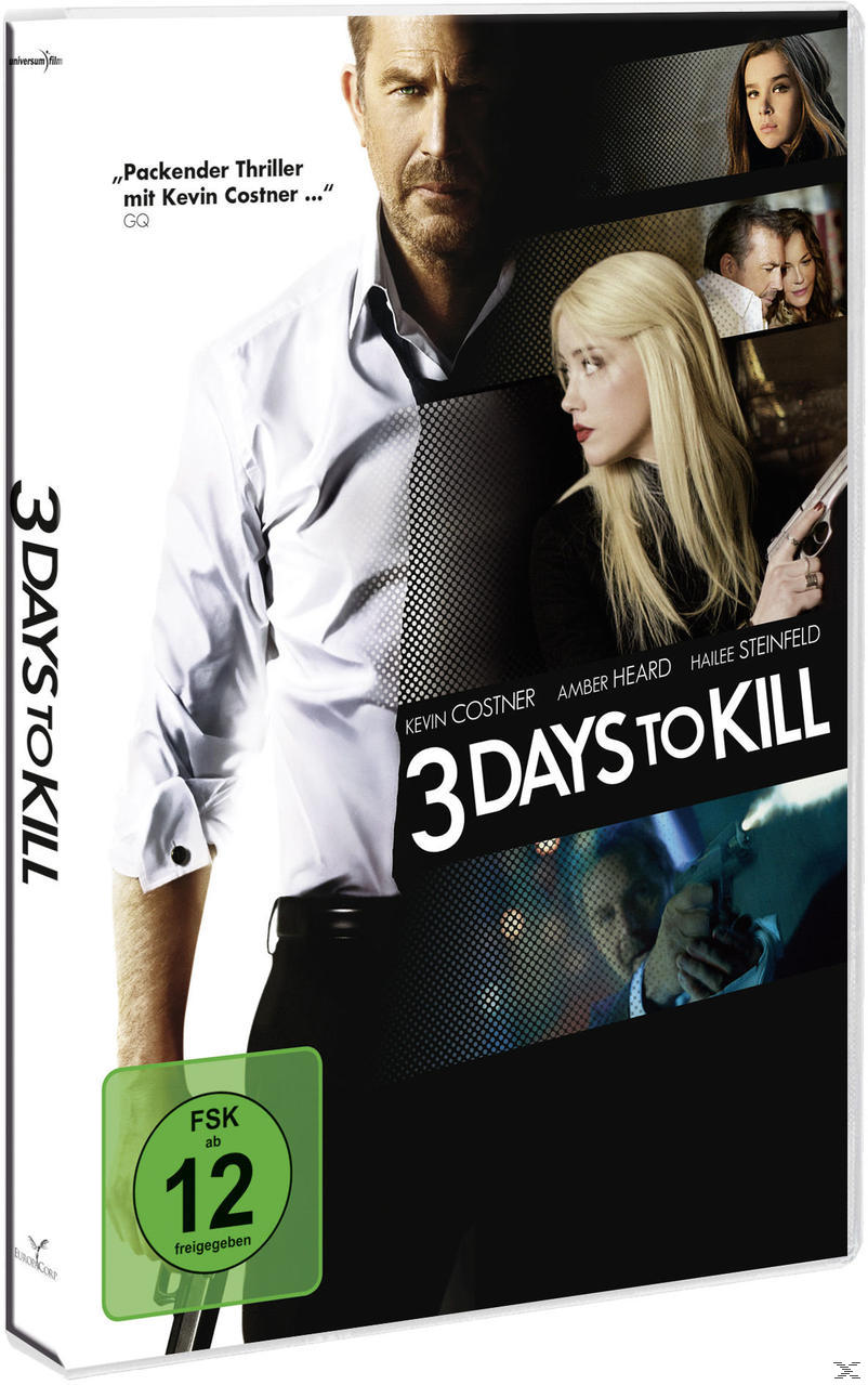 Filmcover: Kevin Costner, Amber Heard und Hailee Steinfeld. Der Titel lautet '3 Days to Kill'.