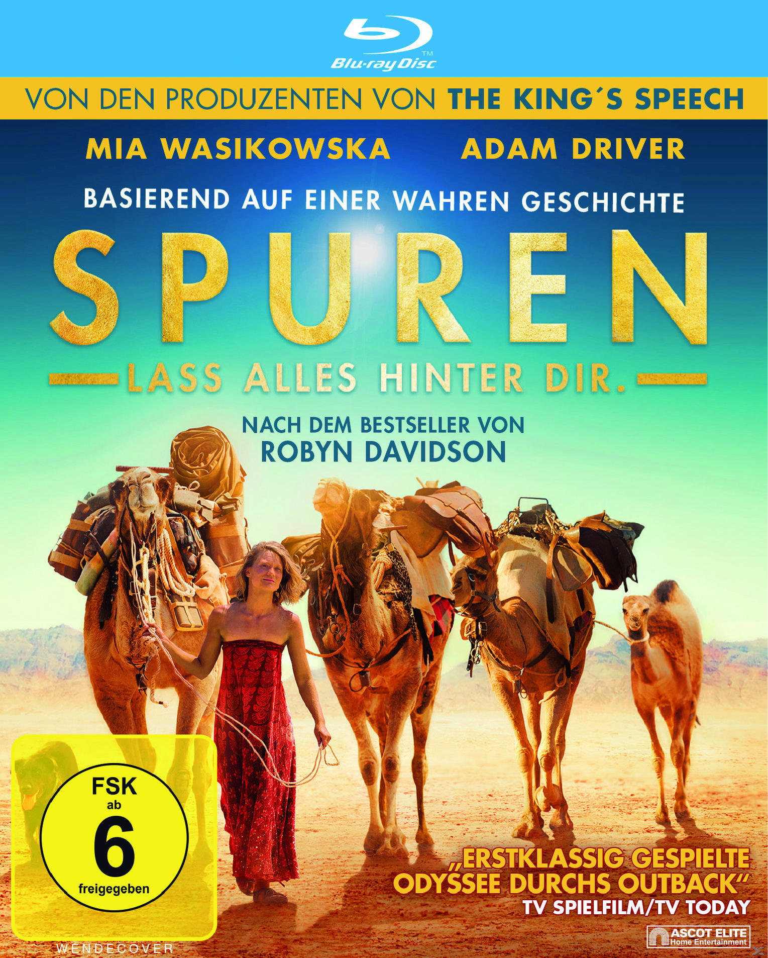 Blu-ray-Hülle mit einer Frau und Kamelen. Der Titel lautet 'Spuren' mit gelbem Hintergrund und Personen.