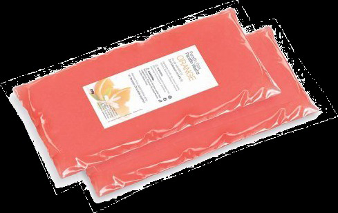 Zwei orangefarbene, in Kunststoff verpackte Wachspackungen mit weißem Etikett.