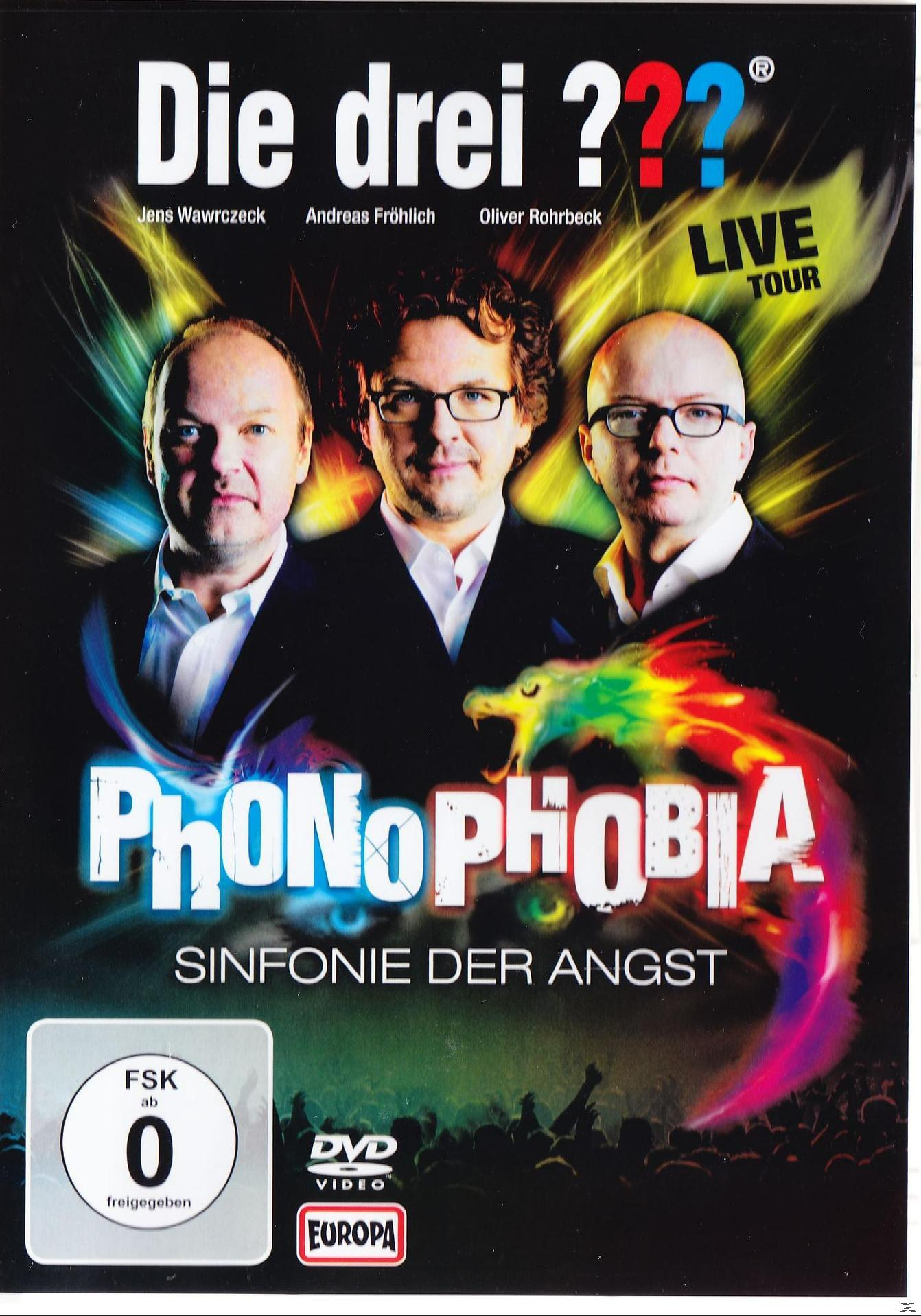 Filmposter mit drei Männern in Anzügen und dem Titel 'Phonophobia'. Bunter Text und eine Menge im Hintergrund.