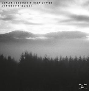 Monochrome Bild. Dunkle Bäume im Vordergrund, Berge im Hintergrund. Nebel oder Dunst vorhanden.