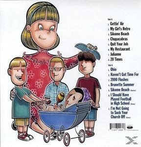 Rückseite eines Cartoon-Albums mit Familie und Babys im Kinderwagen.