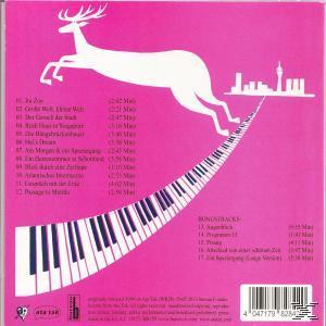 Albumcover mit einem Hirsch, der über eine Klaviatur rennt, rosa Hintergrund und Skyline.