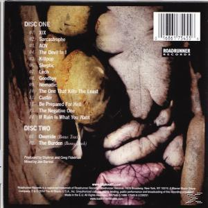 Die Rückseite einer CD-Hülle mit Titellisten, Text und einem strukturierten Hintergrund.