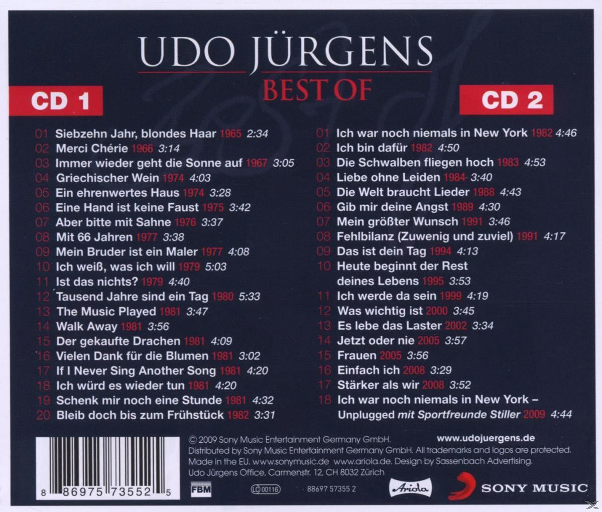 CD-Cover mit Titelliste für Udo Jürgens' "Best Of". Zeigt Text und eine Liste von Songs.