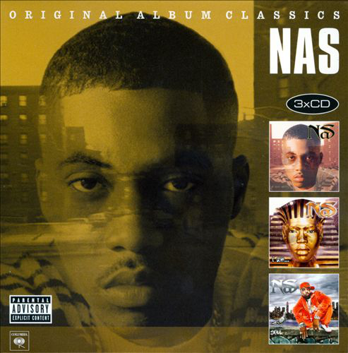 NAS - Original Album Classics albumborító. NAS arca látható az albüm címekkel alatta.