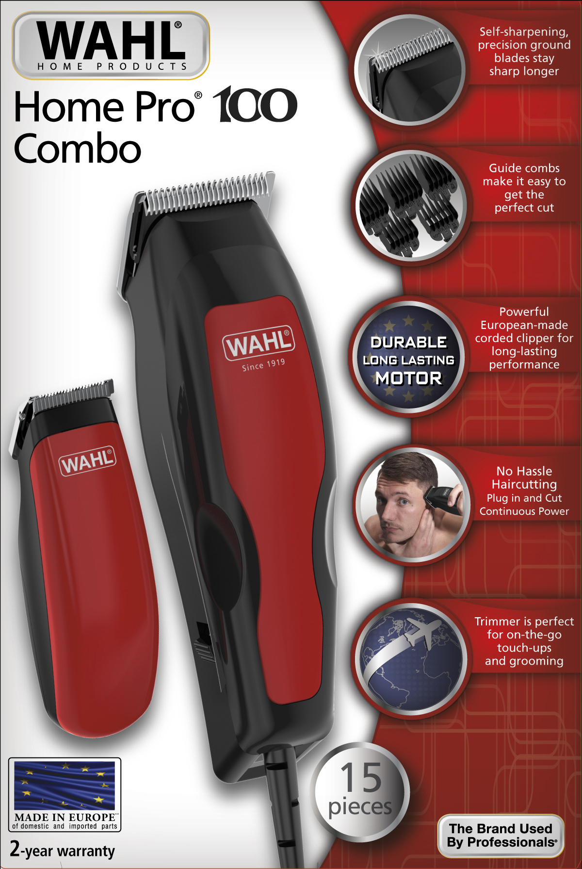 Wahl Home Pro 100 Combo Haarschneidemaschinenverpackung. Roter und schwarzer Clipper mit Zubehör. Informationen auf der Verpackung.