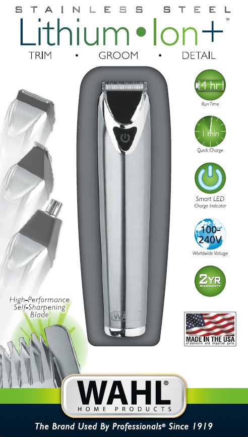 Wahl Lithium Ion+ Trimmer-Verpackung mit Produkt und Funktionen.