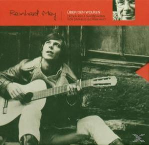 Albumcover. Ein Mann sitzt und spielt Gitarre. Text: Reinhard Mey, Uber Den Wolken. Hat ein Kopfschuss rechts.
