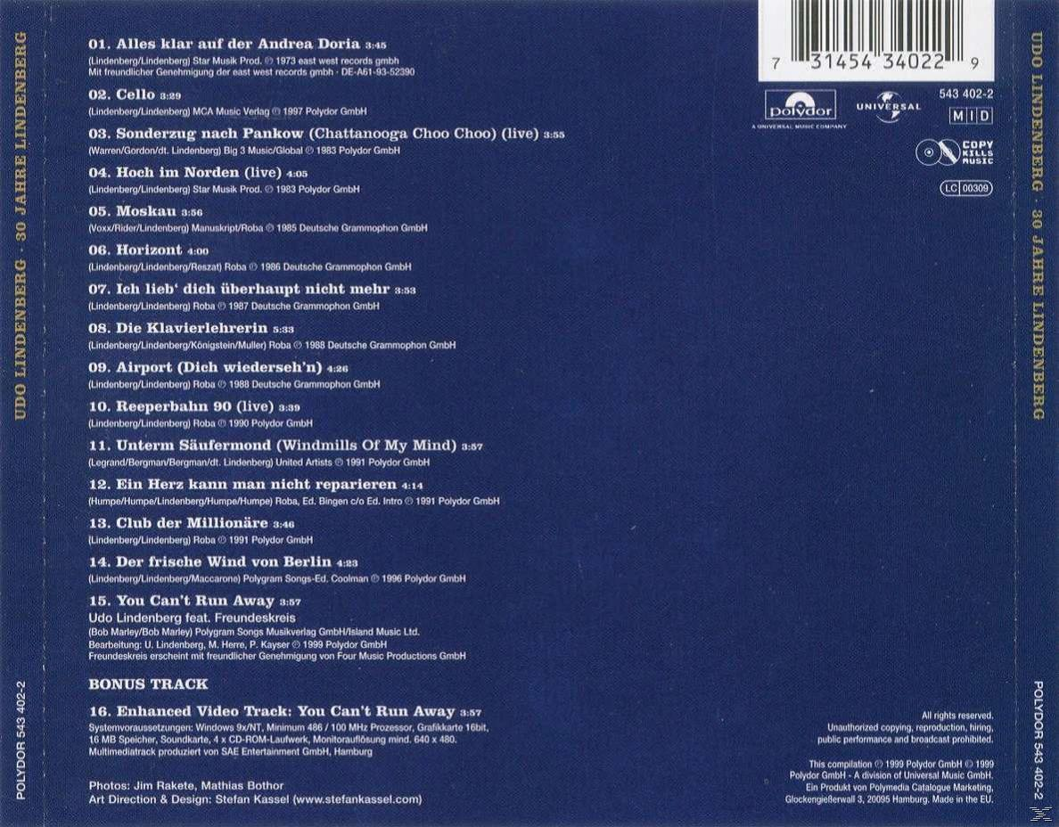 CD-Cover mit Titelliste und Udo Lindenbergs Bild. Verfügt über ein blaues Farbschema mit weißem und rotem Text.