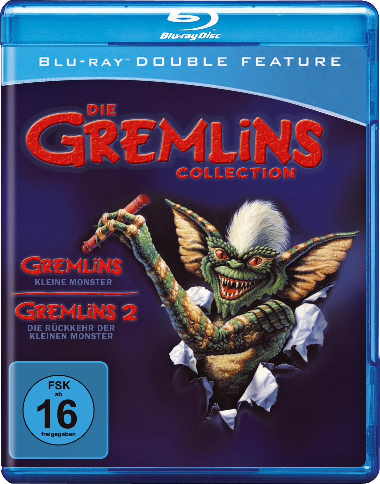 DVD-Hülle mit dem Titel 'Die Gremlins Collection'. Enthält Gremlins 1 und 2. Ein Gremlin kommt aus einem Loch.